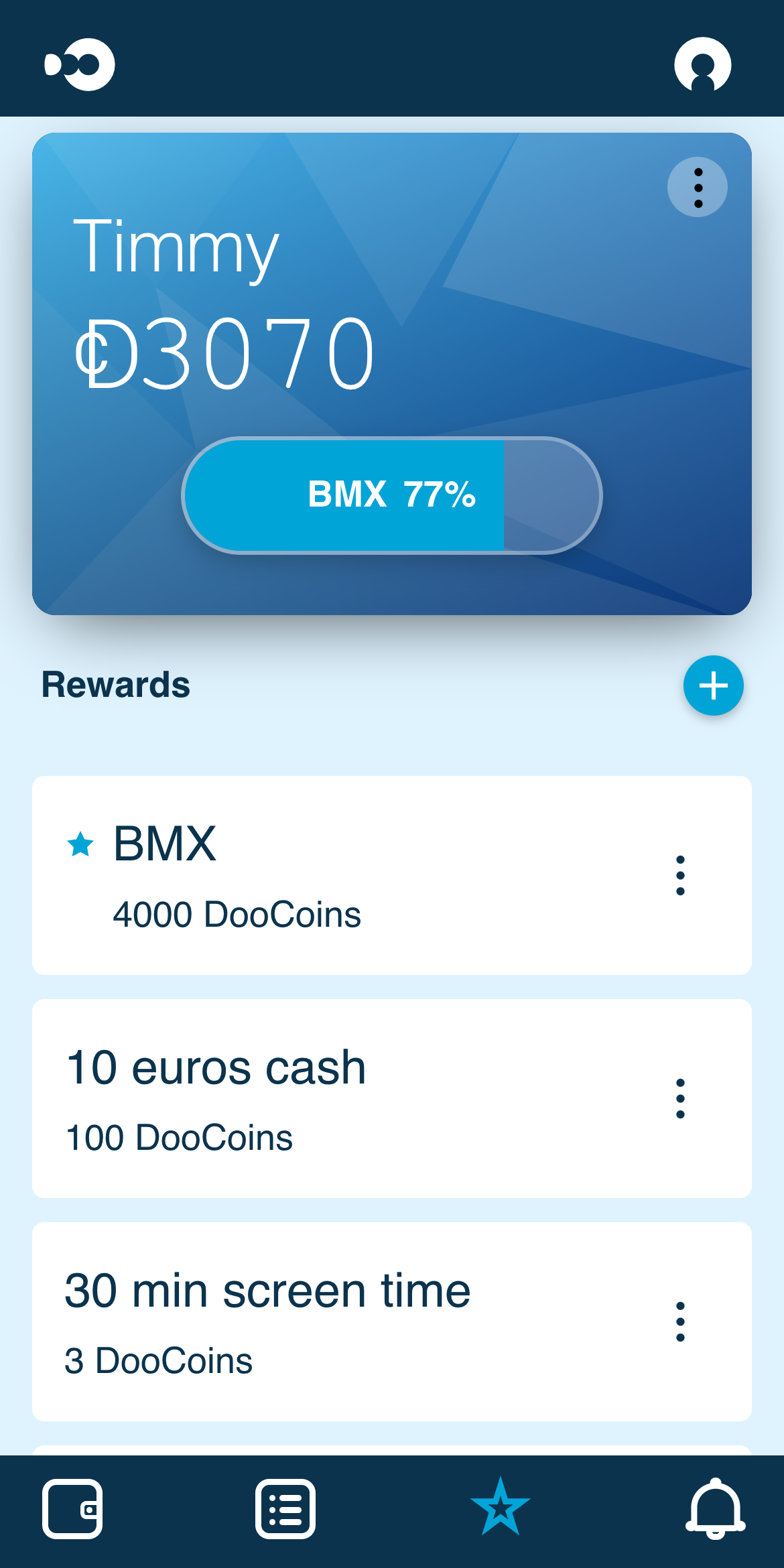 App showing rewards list with savings goal progress