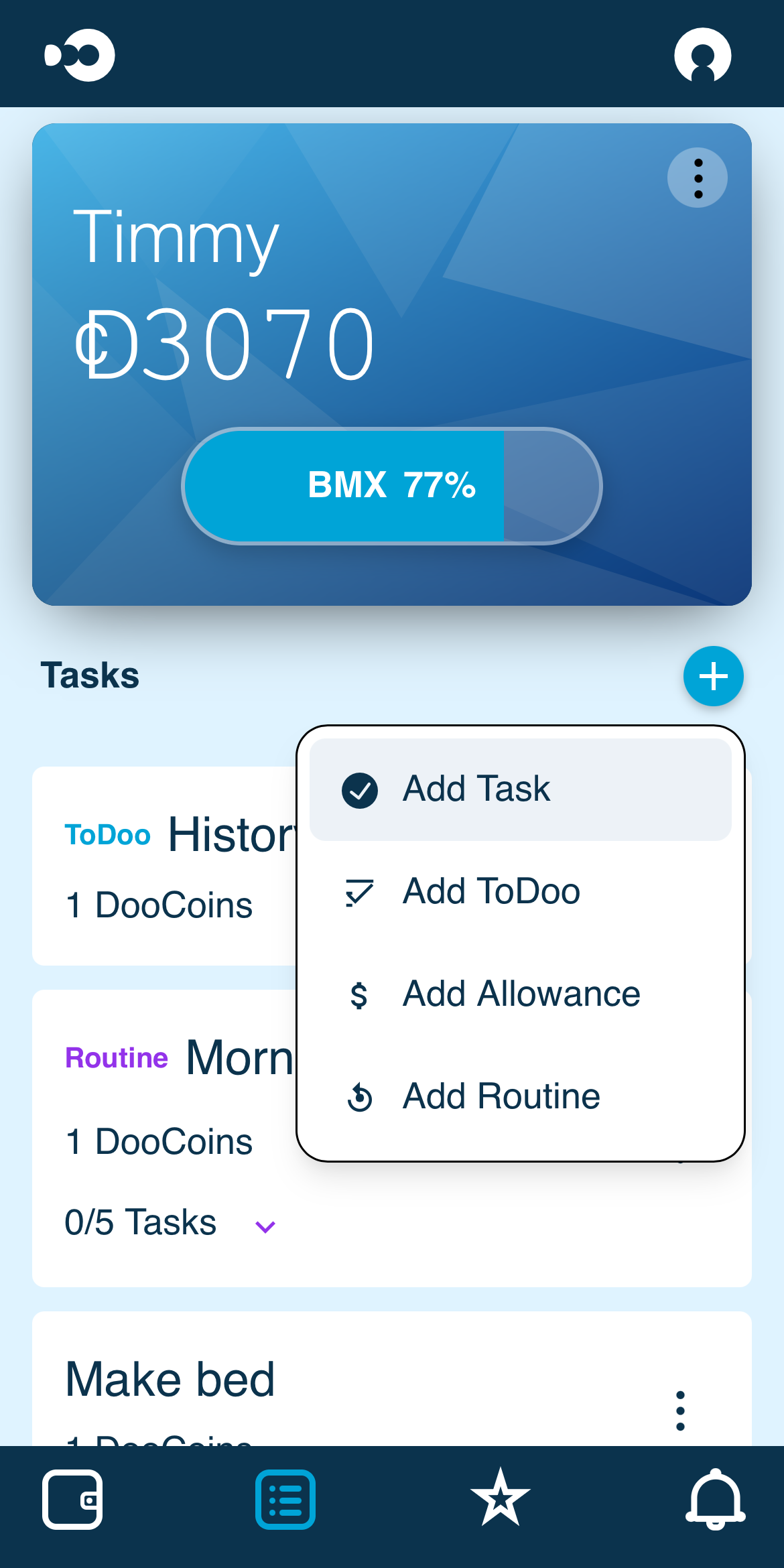 Parent app showing task creation options including tasks, ToDoos, allowances, and routines
